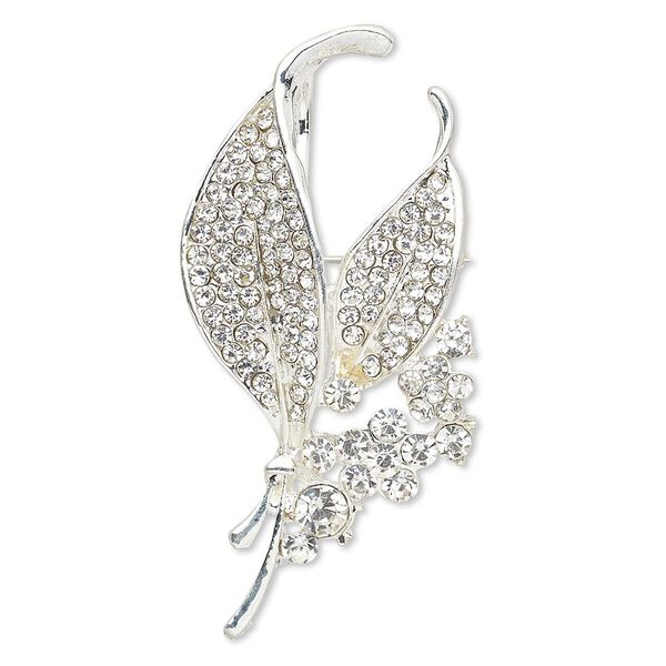 Brooch / pendant, glass rhinestone and imitation rhodium-plated "pewter" (zinc-based alloy), clear, 60x32mm leaves with hidden bail. Sold individually. image number 0