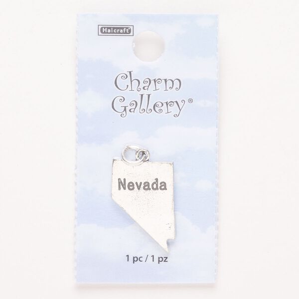 Charm, steel and enamel, pkg/1, silver finish and black, 23x16mm with "Nevada." image number 0
