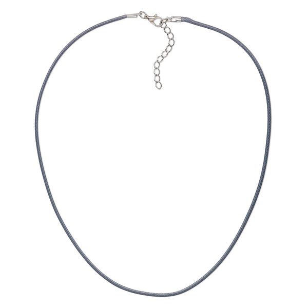 Necklace cord, imitation leather with imitation rhodium-finished steel and "pewter" (zinc-based alloy), dark grey, 2mm wide, 20 inches with 1-1/2 inch extender chain and lobster claw clasp. Sold per pkg of 10. image number 0