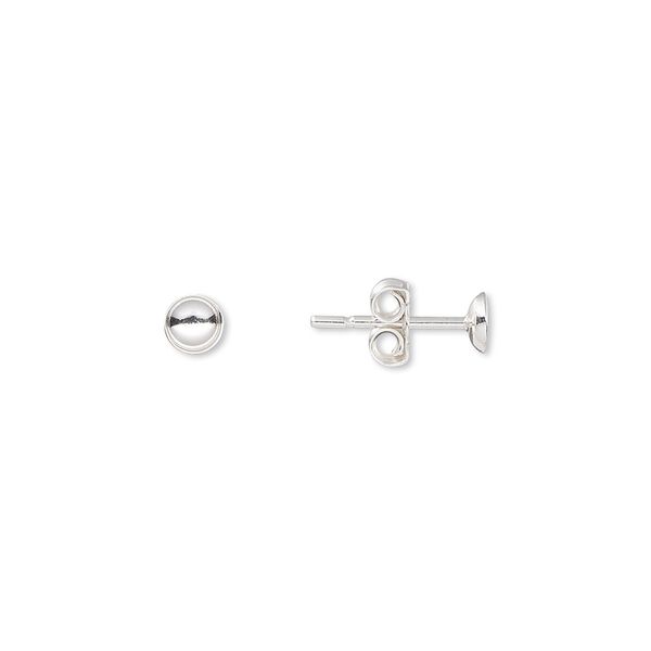 Earstud 1pkg10 sterling silver, 4mm cup / 4-6mm round glue-in setting, 5 pair image number 0