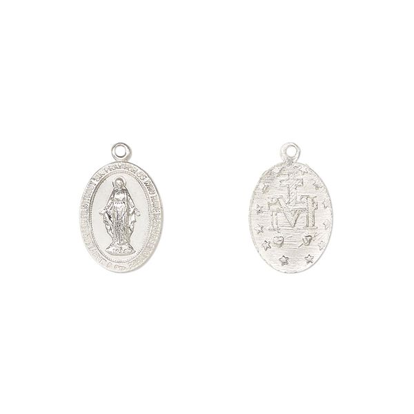 Drop, sterling silver, 12x9mm two-sided oval with Mother Mary. Sold individually. image number 0
