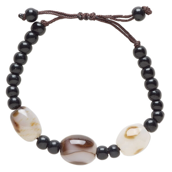 Bracelet, white agate (heated) / glass / waxed cotton, black and dark brown, 14mm oval, 5 to 7-1/2 inches with adjustable slip knot closure. Sold individually. image number 0