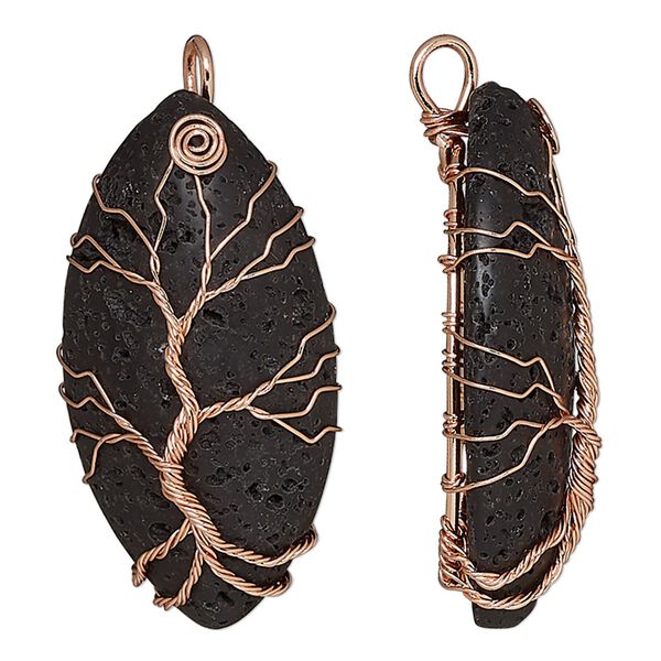 Lava rock / brass 1pkg1, copper-plated 1-sided puffed marquise / tree of life pendant 54x25mm-56x26mm image number 0