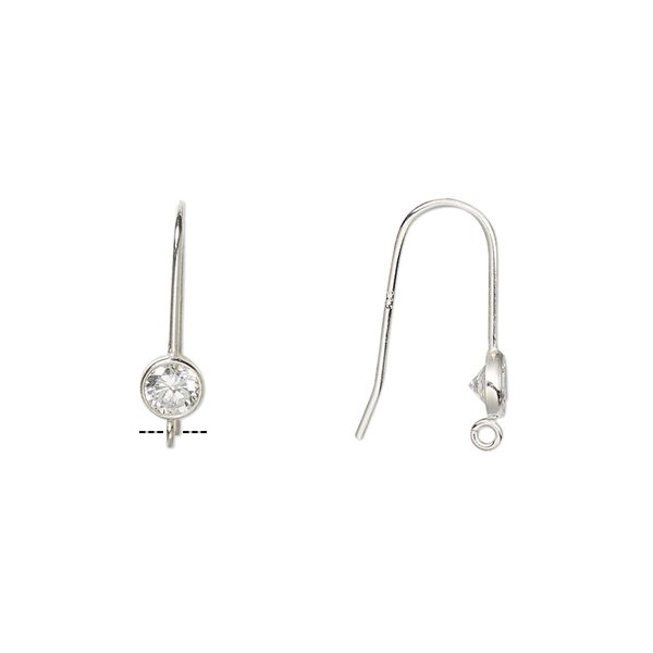 Ear wire fishhook 1pkg2 sterling silver / cubic zirconia, 15mm / 4mm faceted round / open loop, 21 gauge clear 1 pair image number 0