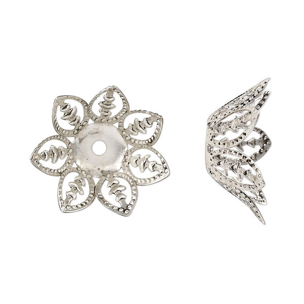 Bead cap, antique silver-finished steel, 20.5x8mm leaves, fits 14-16mm round bead. Sold per pkg of 20. image number 0