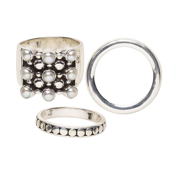 Ring mix, sterling silver / antiqued sterling silver / multi-gemstone (natural / dyed / heated / irradiated) / cultured freshwater pearl, 3-20mm wide, size 10. Sold per pkg of 3. image number 0