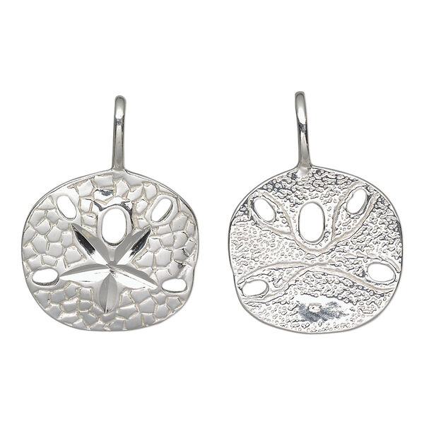 Charm, sterling silver, 25x18mm double-sided textured flat sand dollar. Sold individually. image number 0