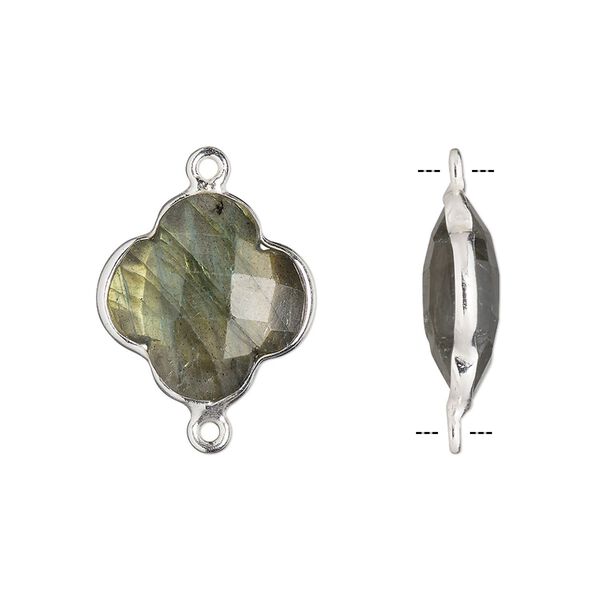 Link, labradorite (natural) and sterling silver, 16-17mm hand-cut double-sided faceted clover. Sold individually. image number 0