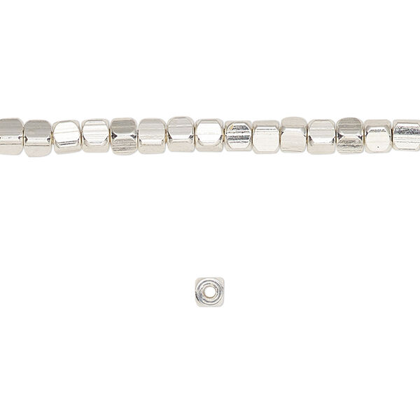 Bead, silver-finished "pewter" (zinc-based alloy), 3mm rounded cube. Sold per 8-inch strand. image number 0