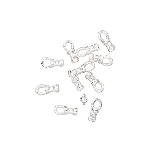 Crimp end, silver-plated brass, 4x2mm tube with loop, 1mm inside diameter. Sold per pkg of 10. image number 0