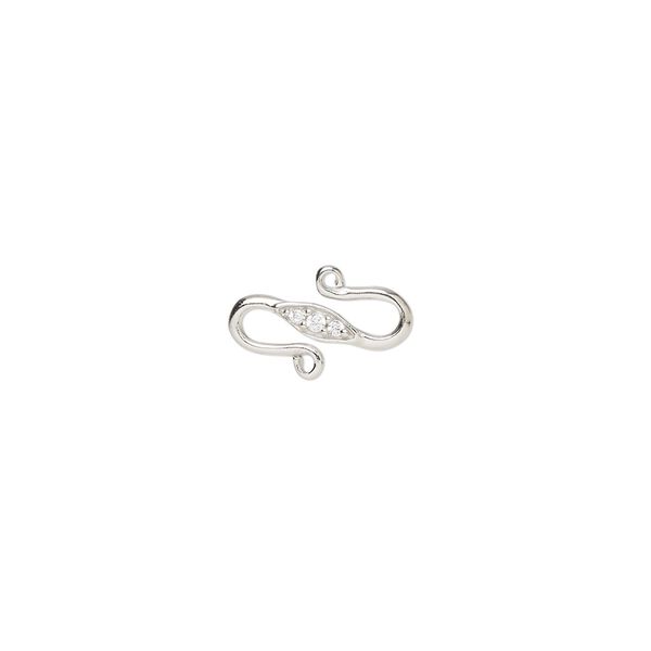 Clasp, S-hook, cubic zirconia and rhodium-plated sterling silver, clear, 12.5x8mm single-sided overall. Sold individually. image number 0