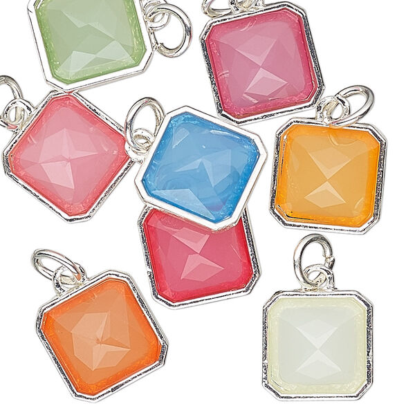 Drop, Charmed, resin with silver-finished steel and "pewter" (zinc based alloy), multicolored, 12mm faceted square. Sold per pkg of 8. image number 0