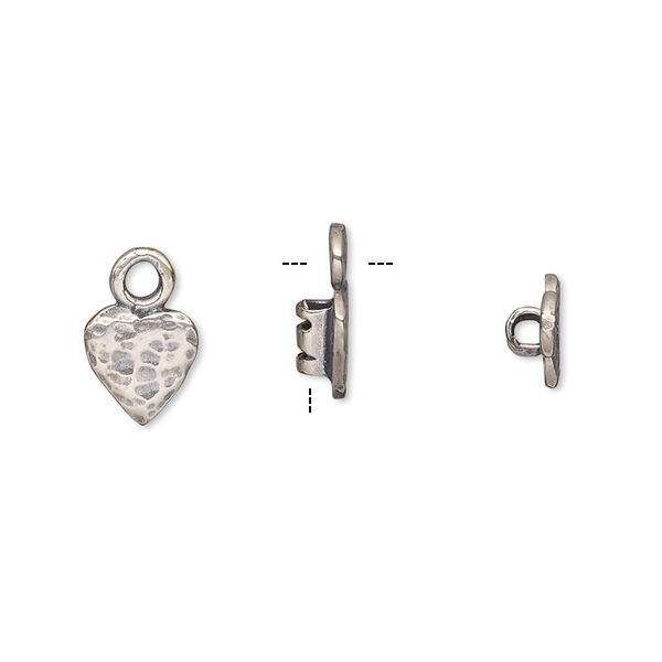 Crimp end, antique silver-plated brass, 8x7.5mm textured heart with loop, 2mm inside diameter. Sold per pkg of 2. image number 0