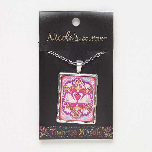Necklace, resin / antique silver-finished "pewter" (zinc-based alloy) / silver-finished steel, multicolored, 37x29mm rectangle with swans and flowers design and glitter, 23 inches with lobster claw clasp. Sold individually. image number 0