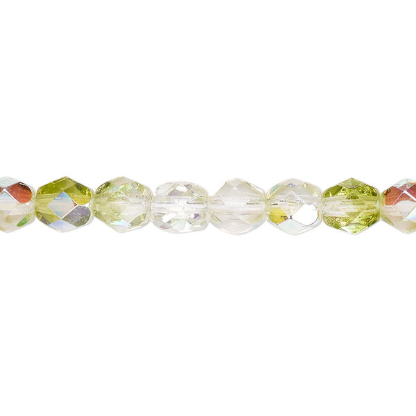 Bead, Czech fire-polished glass, two-tone, transparent clear and peridot green AB, 6mm faceted round. Sold per 15-1/2" to 16" strand. image number 0
