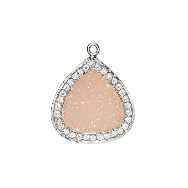 Drop, druzy agate (dyed) / white topaz (natural) / sterling silver, pink, 20x20mm single-sided teardrop. Sold individually. image number 0