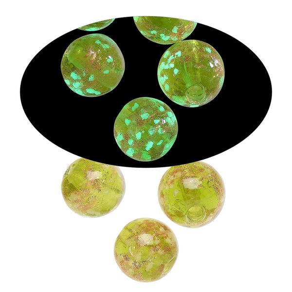 Bead, lampworked glass, clear / peridot green / glow-in-the-dark / gold, 10mm round. Sold per pkg of 6. image number 0