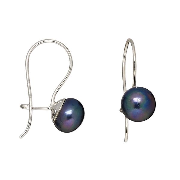 Earring, sterling silver and cultured freshwater pearl, peacock, 8-8.5mm button with kidney ear wire, 22x8mm overall. Sold per pair. image number 0