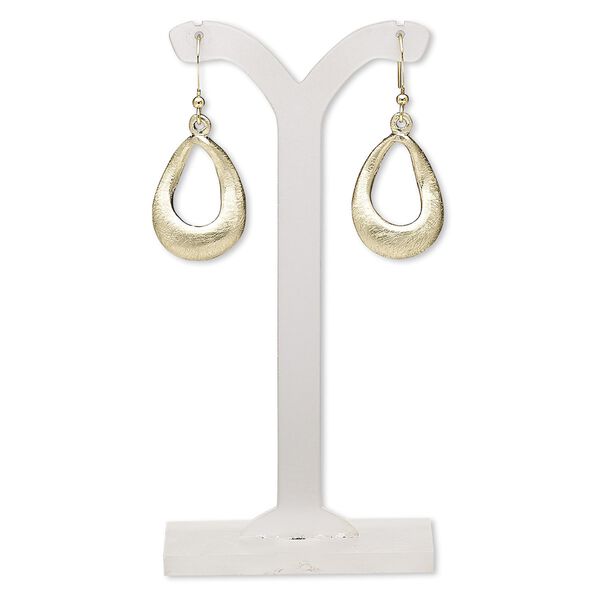 Earring, gold-finished brass and "pewter" (zinc-based alloy), 41mm with scratched open teardrop and fishhook ear wire. Sold per pair. image number 0