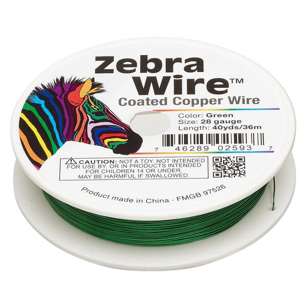 Wire, Zebra Wire™, color-coated copper, green, round, 28 gauge. Sold per 40-yard spool. image number 0