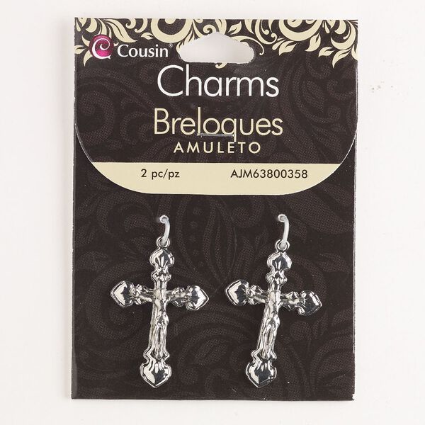 Focal, brass, pkg/2, 34x24mm crucifix, silver finish. image number 0