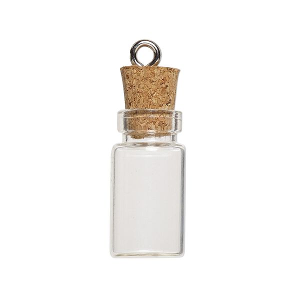 Component, glass / cork / nickel-finished steel, clear, 22x11mm bottle with stopper and screw eye. Sold per pkg of 10. image number 1