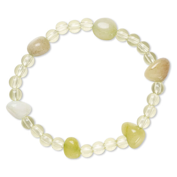 Bracelet, stretch, quartz (dyed) and acrylic, multi-green and light yellow-green, 5mm round and small tumbled nugget, 6 inches. Sold individually. image number 0