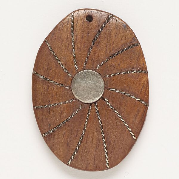 Focal, copper and wood (dyed), pkg/1, 46x33mm-46x35mm top-drilled flat oval with twisted wire inlay and flat back, antique silver finish. image number 0