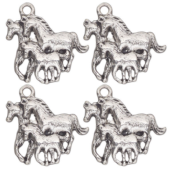 Charm, antique silver-finished "pewter" (zinc-based alloy) , 21x18mm single-sided running horses. Sold per pkg of 4. image number 0