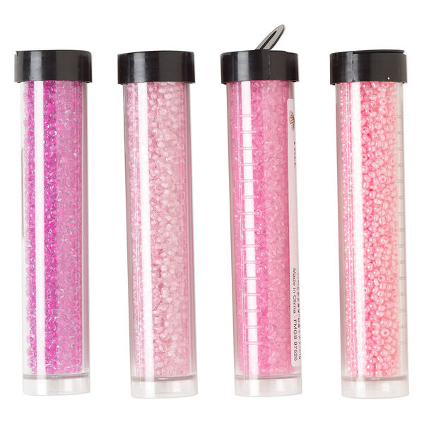 Seed bead assortment, Ming Tree™, glass, pkg/(4) 4 x 3/4 inch vials, #11 round, opaque and transparent color-lined ceylon hot pink and pink. image number 0