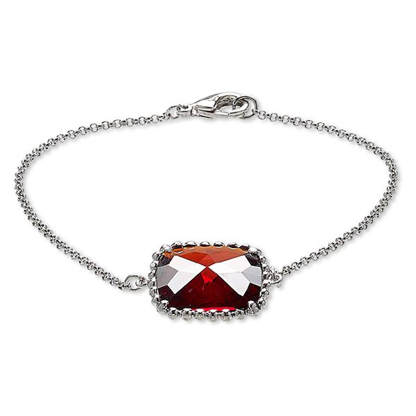 Bracelet, glass and rhodium-plated brass, red, 19x19mm beaded square, 7-1/2 inches with lobster claw clasp. Sold individually. image number 0