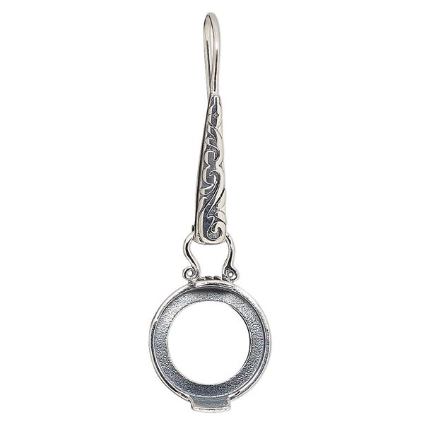 Earring fishhook 1pkg2 sterling silver, 42.5mm flourish marquise design / 12mm round cab 2-prong open back setting, 20 gauge antiqued 1 pair image number 0