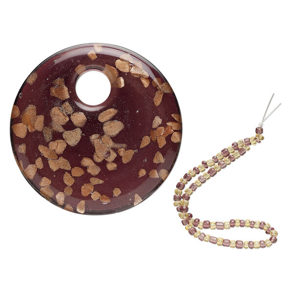 Focal, lampworked glass, purple with copper-colored glitter, 49mm round go-go. Sold individually. image number 0