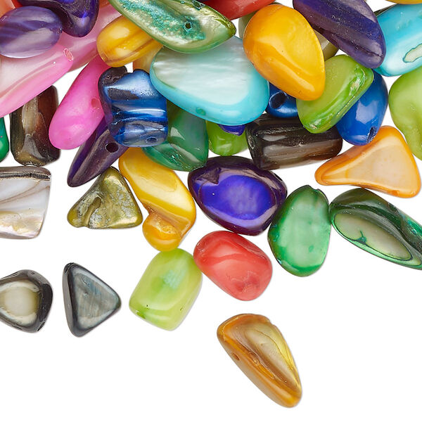 Bead mix, mother-of-pearl shell (dyed), Colors can include mixed colors, small to extra-large chip, Mohs hardness 3-1/2. Sold per 4-ounce pkg. image number 0
