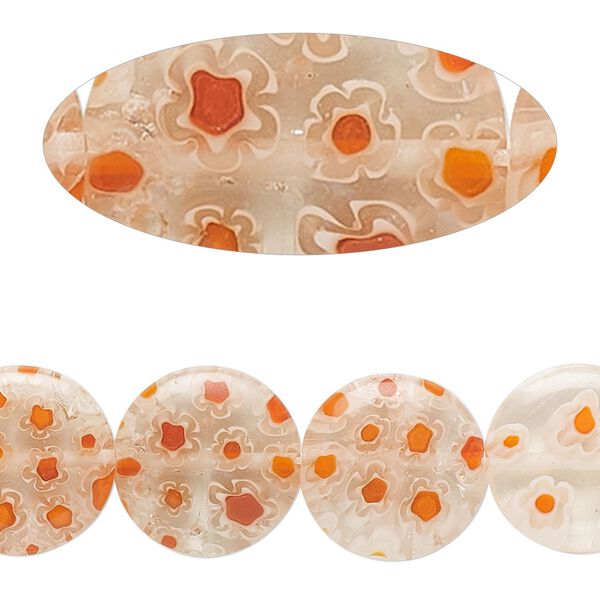 Bead, millefiori glass, translucent clear and multicolored, 14mm puffed flat round. Sold per 14-inch strand. image number 0