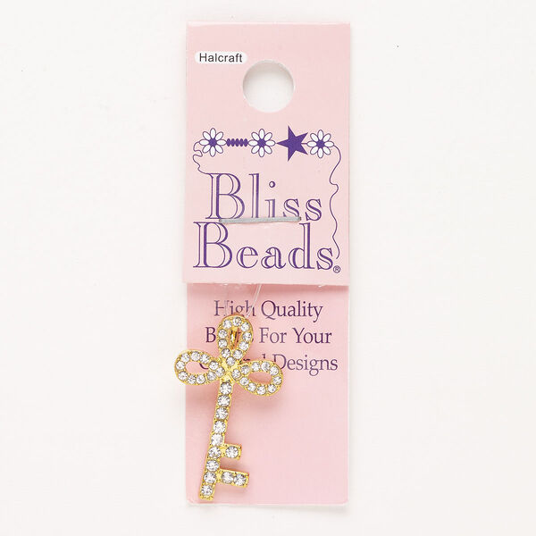 Pendant, "pewter" (zinc-based alloy) and glass, pkg/1, gold finish and clear, 22x17mm key with hidden bail. image number 0