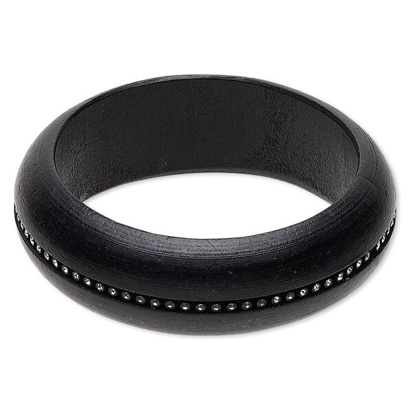 Bracelet, bangle, painted wood and glass rhinestones, black and clear, 25mm wide, 8 inches. Sold individually. image number 0