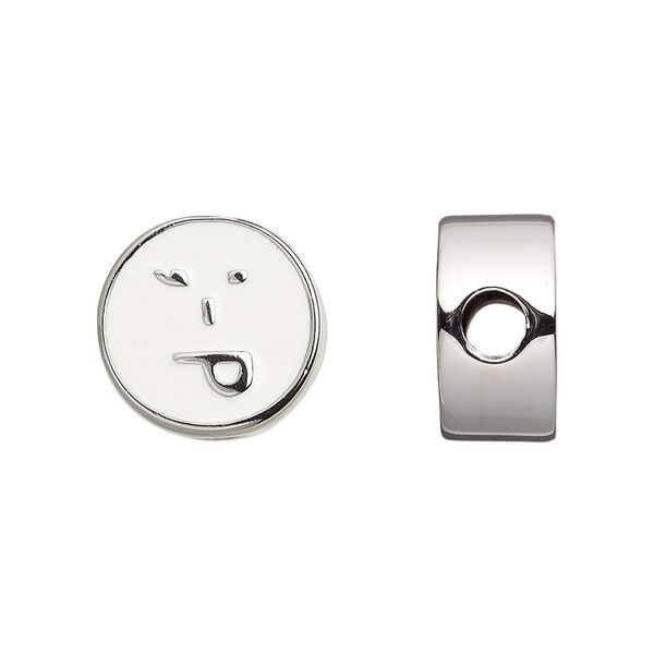 Bead, Dione®, enamel and silver-finished "pewter" (zinc-based alloy), white, 16mm double-sided flat round with playful emoticon face and 4mm hole. Sold individually. image number 0