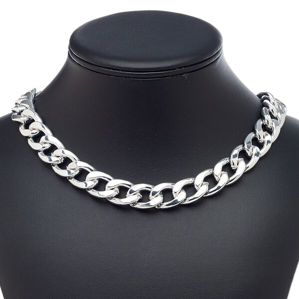 Necklace, silver-plated brass and steel, 15mm flat curb, 19 inches with 3-inch extender chain and lobster claw clasp. Sold individually. image number 0