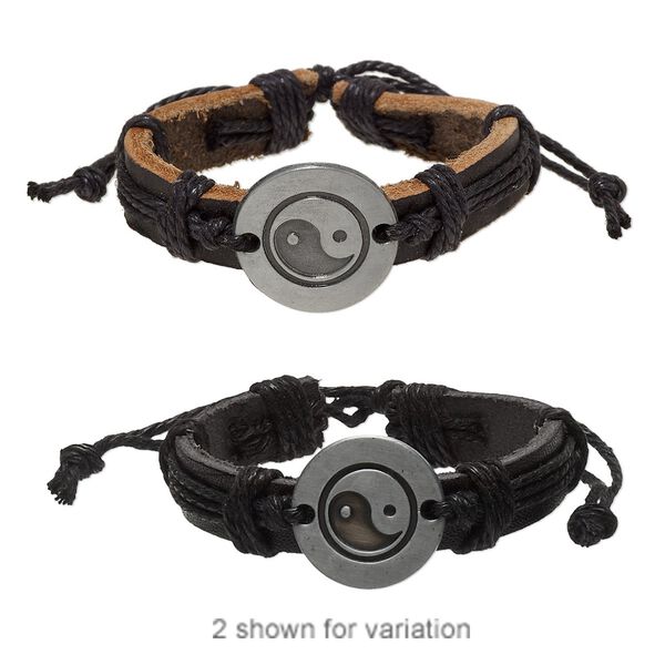 Bracelet, leather (dyed) / waxed cotton cord / antiqued "pewter" (zinc-based alloy), black, 13mm wide with 25mm round and yin-yang design, adjustable from 6 to 8-1/2 inches with wrapped knot closure. Sold per pkg of 2. image number 0
