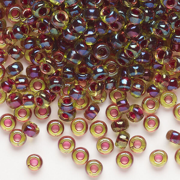 Seed bead, Miyuki, glass, pkg/25g, #6 rocaille, translucent wine-lined luster peridot (RR-336). image number 0