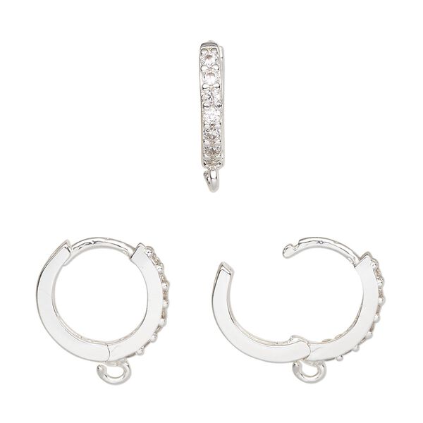 Hoop, silver-finished brass and cubic zirconia, clear, 15mm hoop, 17 gauge. Sold per pair. image number 0