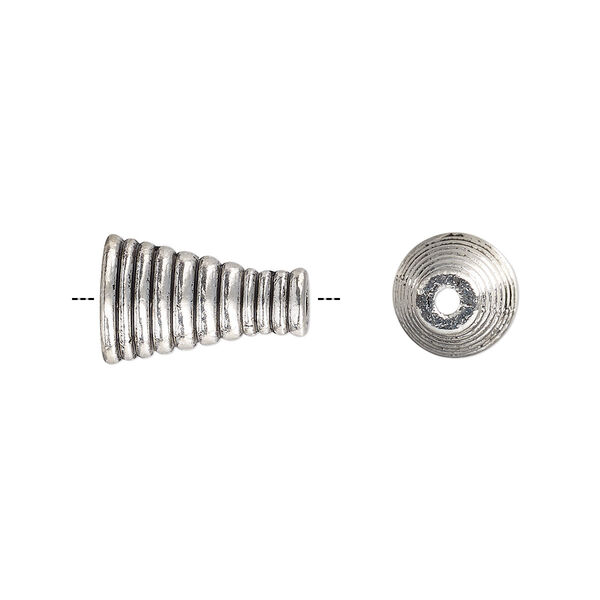 Cone, antique silver-plated "pewter" (zinc-based alloy), 16x10.5mm with line design, 7.5mm inside diameter. Sold per pkg of 10. image number 0