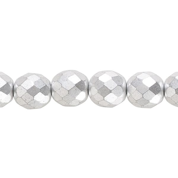 Bead, Czech fire-polished glass, opaque satin silver, 10mm faceted round. Sold per 15-1/2" to 16" strand, approximately 40 beads. image number 0