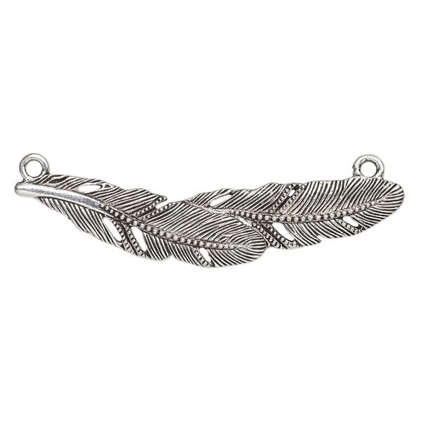 Focal, antique silver-finished pewter (tin-based alloy), 3 x 3/4 inch single-sided feather with 2 loops. Sold individually. image number 0