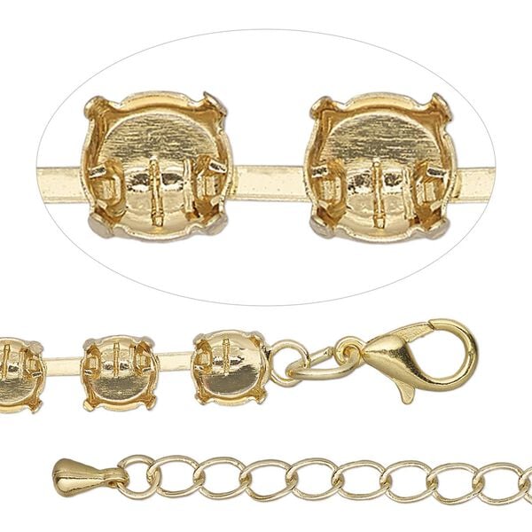 Necklace component, gold-finished brass and steel, 6mm wide cupchain with (47) SS29 settings, 18 inches with 3-inch extender chain and lobster claw clasp. Sold individually. image number 0