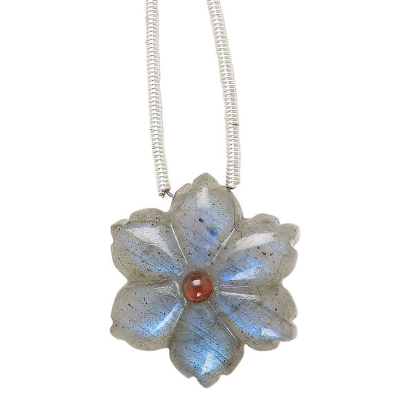 Labradorite / garnet 1pkg1, hand-cut top-drilled double-sided carved flower bead natural 20mm image number 0