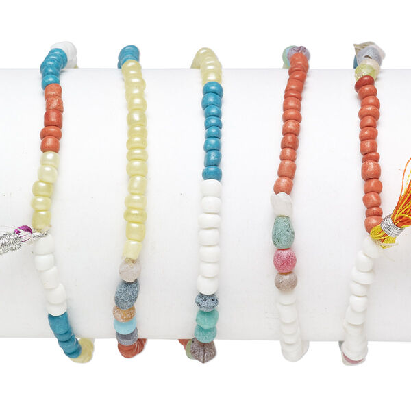 Bracelet mix, glass, multicolored, #6 round with 40mm tassel, 7-1/2 inches. Sold per pkg of 5. image number 0