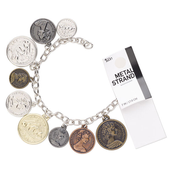 Bracelet component, gold- / silver- / antique gold-finished "pewter" (zinc-based alloy) and steel, with curb chain and 16-24mm replica coins. Sold per 7-inch length. image number 0