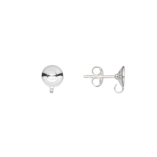 Earstud, sterling silver, 6mm cup with open loop, fits 8-10mm bead. Sold per pkg of 5 pairs. image number 0